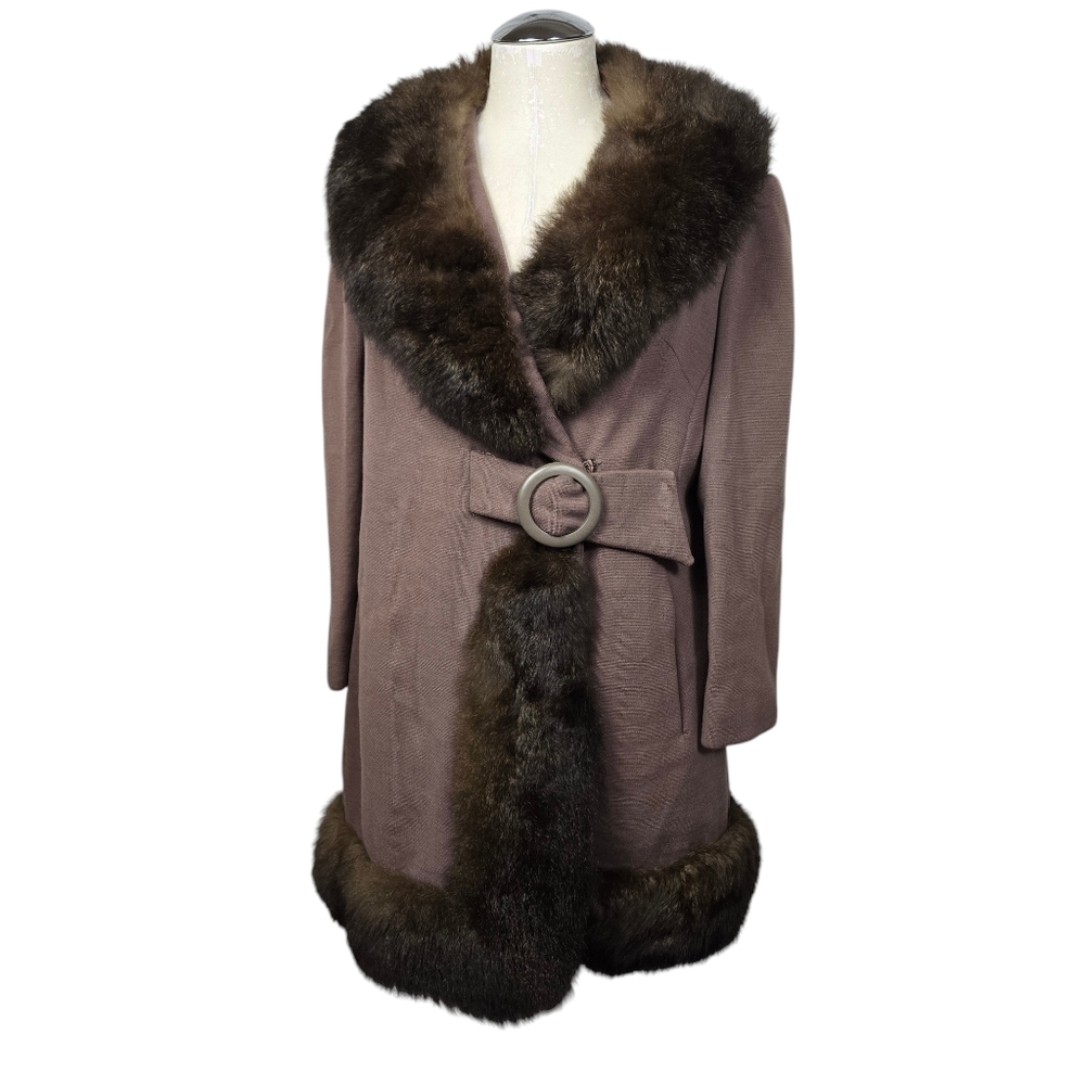 I. J. Fox Cleveland Brown Pure Wool Fur Trim Snap Button Vintage Coat L